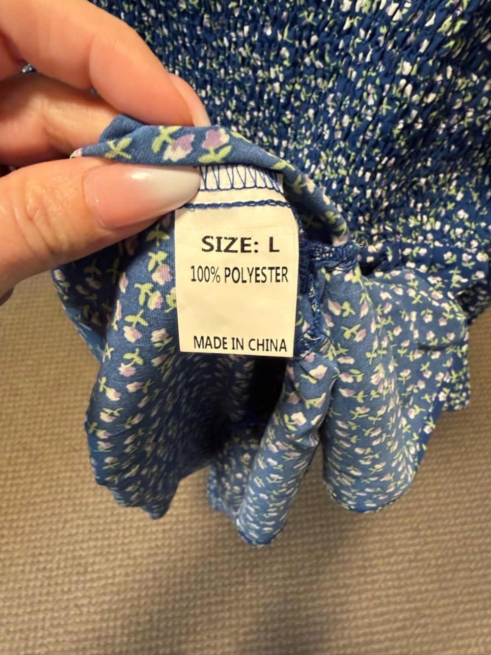 Blue Floral Smocked Dress | Size Large - Picture 2 of 5